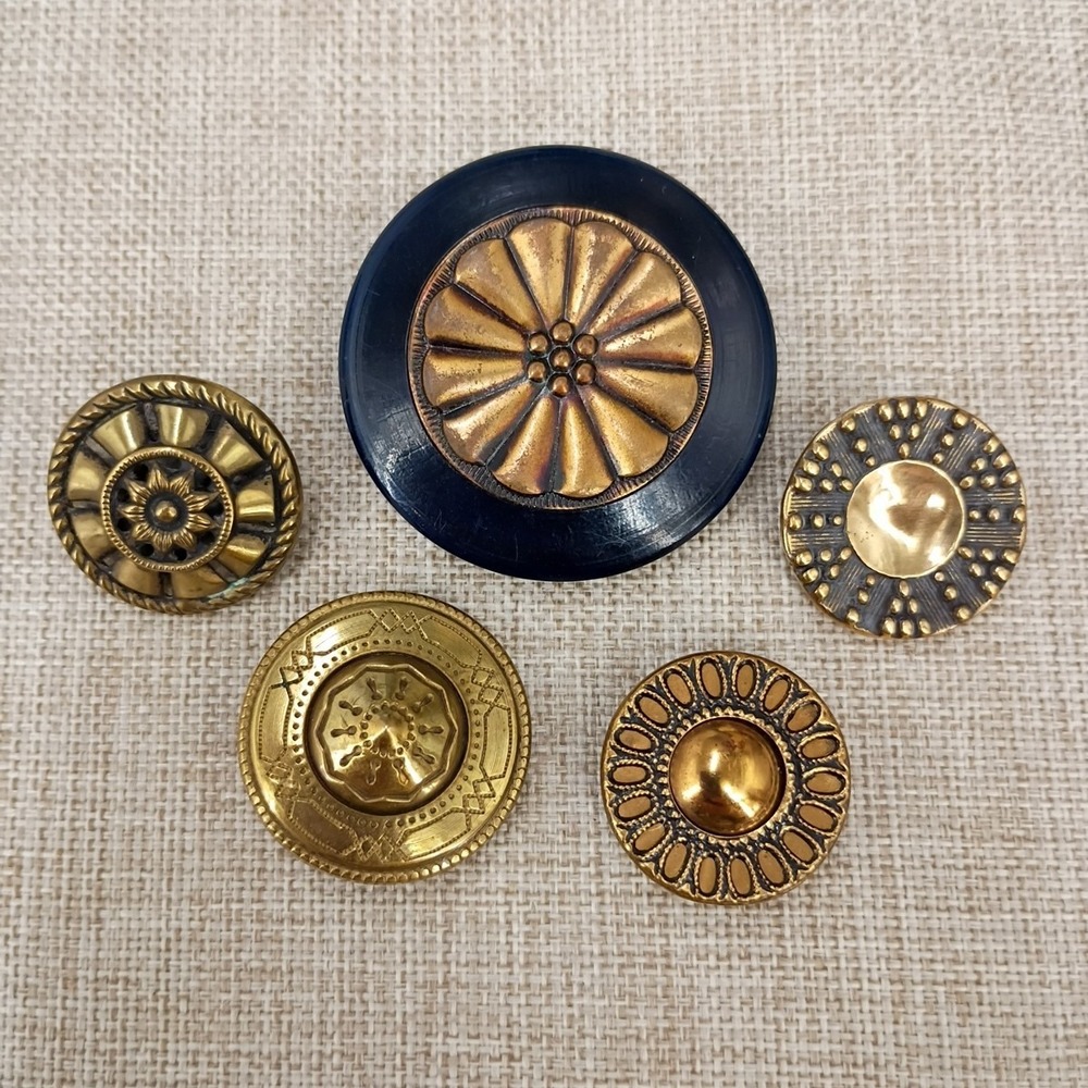 Antique Celluloid Brass Button Lot 42-23mm Sunburst Rosette Studded Victorian